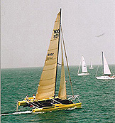 R33 catamaran under sail. 